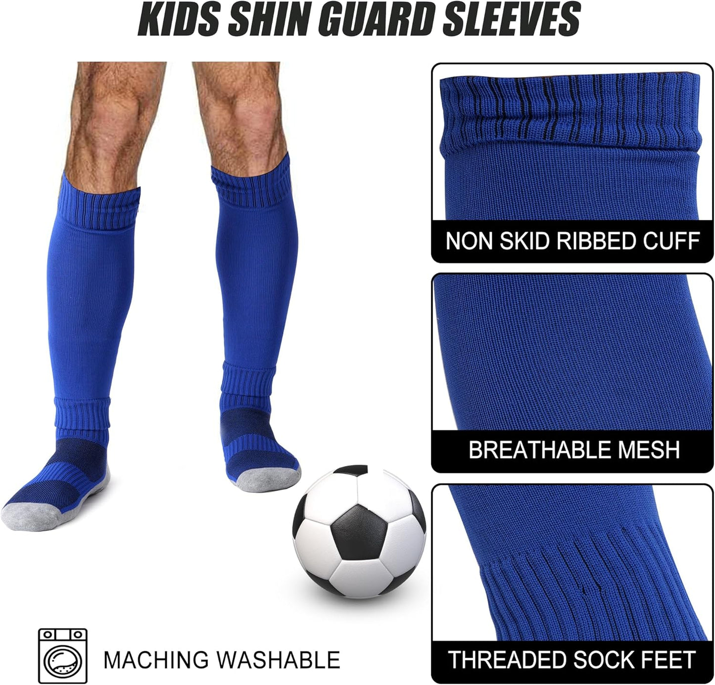 2 Set Kids Grip Soccer Socks with Shin Guard Sleeves Non Slip Soccer Leg Sleeve Socks for Boys Girls