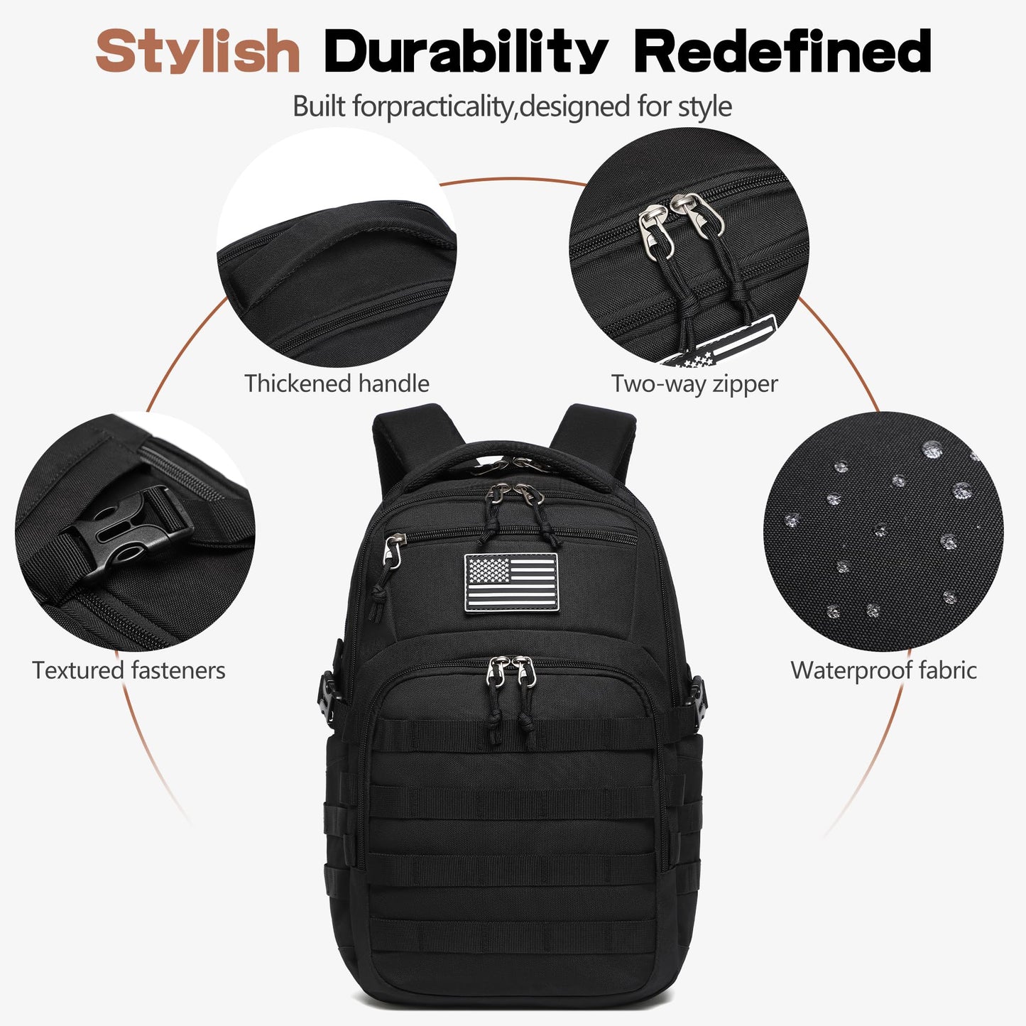 Wotony Military tactical backpack, backpack for men black small tactical assault bag (Black, 18.5 inch)