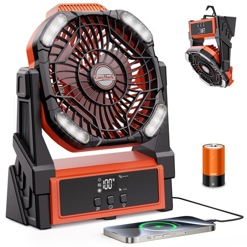CosyHack Portable Camping Fan, 20000mAh Rechargeable Battery Operated Fans with Lights, Outdoor Beach Tent Fan, 4 Speed, Adjustable Brightness for Picnic, Barbecue, Fishing, Office, Home