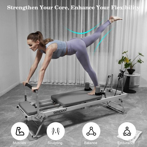 SENDIAN Foldable Pilates Equipment for Home Workouts, Pilates Reformer Machine for Home Gym with Springs, Pilates Exercise Equipment with Jump Board (Gray)