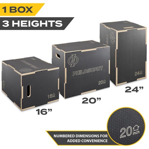 Philosophy Gym 3 in 1 Non-Slip Wood Plyo Box, 24" x 20" x 16", Gray, Jump Plyometric Box for Training and Conditioning