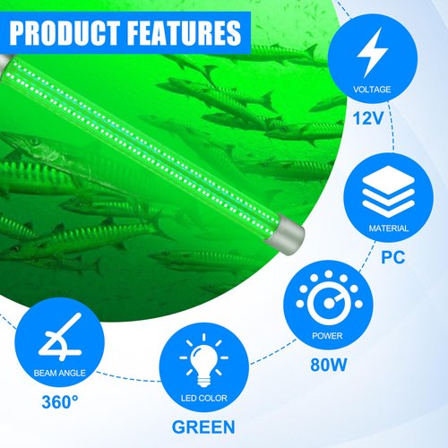 Underwater Fishing Light 80W 12V 40000 Lumens Super Bright LED Submersible Green Fish Finder Lamp Night Fishing Light Attractants for Boat Dock Kayaks,Snook Crappie Squid Shrimp (80W,16.4ft Cord)