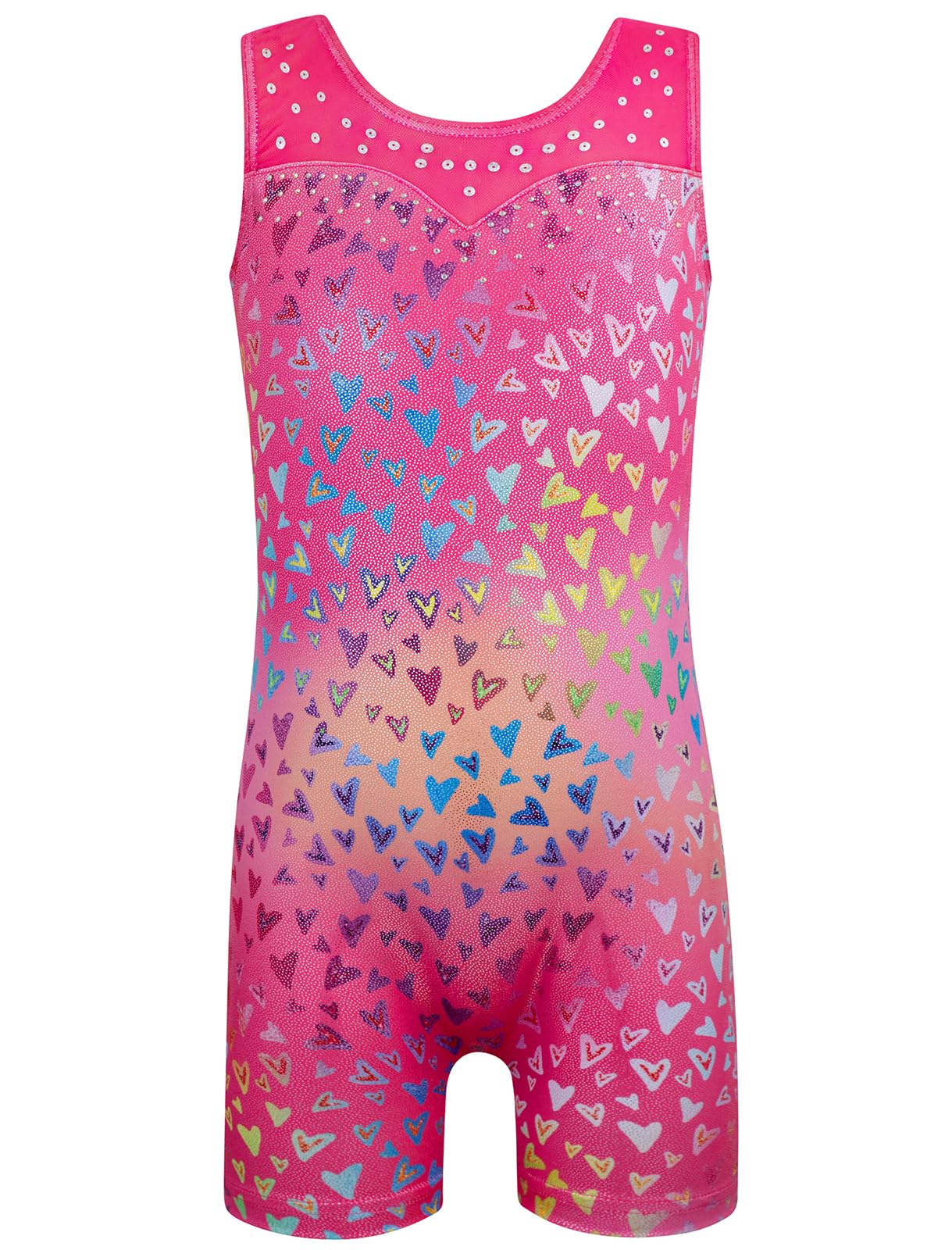 HOZIY Girls Leotards for Gymnastics Mesh Neckline with Iridescent Rhinestones Back Cut Out Sleeveless Size 7-8 Years Love Heart Biketard Shorts Tumbling Outfits Kids Sparkly Shiny