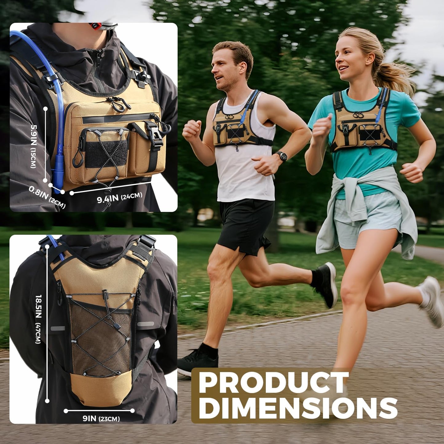 Criuage USA Patent Running Hydration Vest Backpack, Lightweight Chest Pack with 2.0L Water Bladder Bag Daypack for Hiking Running Cycling Race Marathon for Women Men (Khaki, Standard)