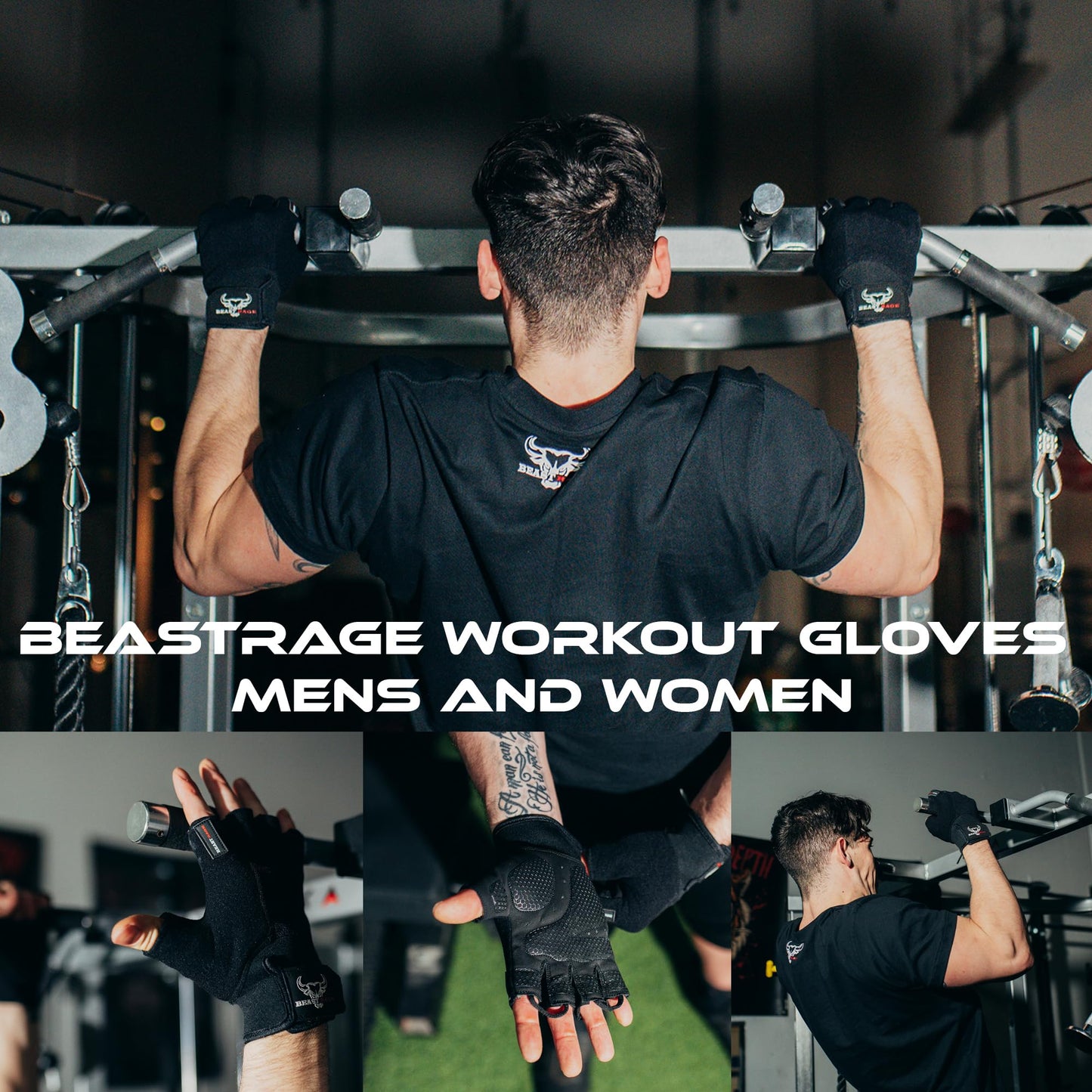 BEAST RAGE Workout Gloves for Men, Durable Palm Grip Gym Gloves Women Half Finger Elasticated Training Weight Lifting Strength Bodybuilding Anti Slip Cycling Glove Exercise (Jet Black, M)