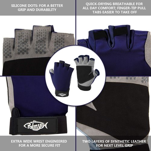 Palmyth UV Fishing Gloves Sun Protection Fingerless Kayaking Glove Men Women UPF 50+ SPF for Sailing, Hiking, Paddling, Canoeing, Rowing, Driving (Navy Blue, Large)