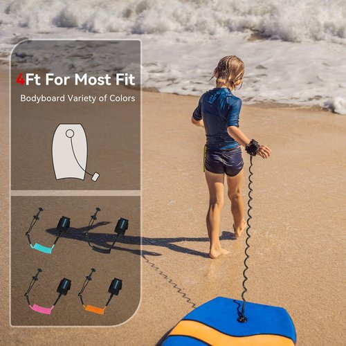 LINGVUM 4 ft Bodyboard Leash – 7mm Thick Coils Wrist Bodyboard Leash with Plug for Bodyboarding (Green)