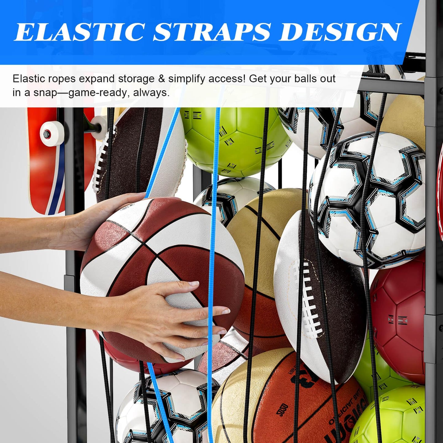 YIWANFW Garage Ball Storage Rack - Sports Equipment Organizer with Wheels, Rolling Sports Ball Cart with Elastic Rope, Outdoor Ball Holder for Basketball Soccer Volleyball Football, Garage Toy Storage