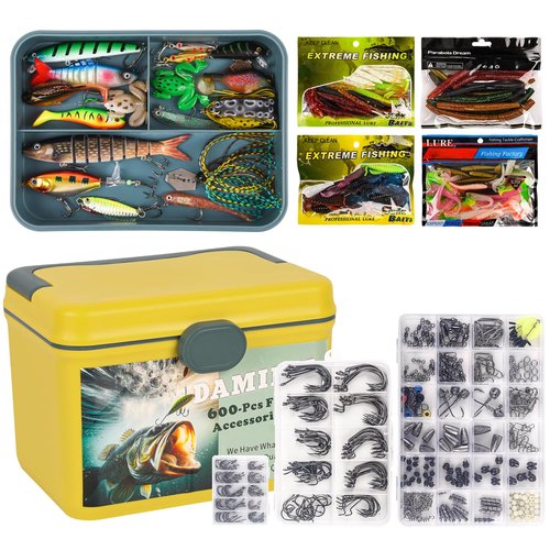 DAMIDEL 600 Pcs/Tackle Box Fishing Kit-Fishing Hooks,Sinkers, Swivels Snaps,Top Water Lure,Spoons,Soft Lures,Jig Heads, Frogs, Minnow, Accessories Equipment- Saltwater Freshwater Bass Bait Gear