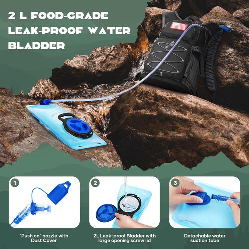 Maelstrom Hydration Hiking Backpack with 2L/3L Water Bladder, High Flow Bite Valve Camping Daypack Lightweight (1.Black, 2L Bladder)