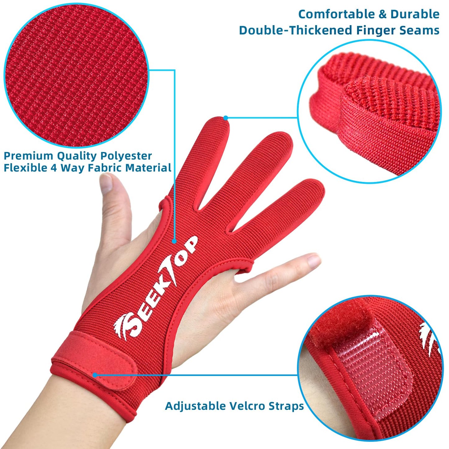 Seektop Archery Gloves Shooting Hunting Leather Three Finger Protector for Youth Adult Beginner (Red, XL)