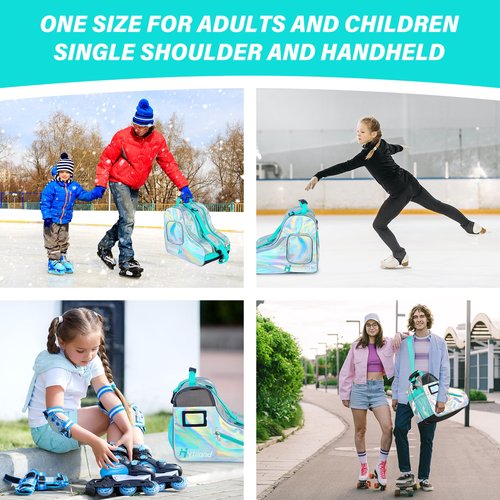 Roller Skate Bag Inline Skates Bag Stylish Plain Holographic Fashion Model Spacious Big Capacity Ice Skate Bag Breathable Mesh Waterproof & Durable Figure Skating Bag For Women And Youth (Silver)