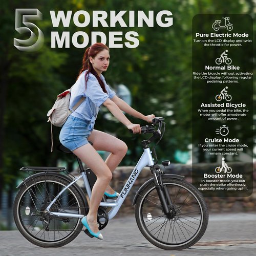 Funhang Electric Bike for Adults, 26" 1000W Peak City Cruiser Ebike, 21.7MPH 50 Miles Commuter Electric Bicycle with 48V 374.4WH Removable Li-ion Battery, Adjustable Stem, Rear Rack, Fenders, 7-Speed
