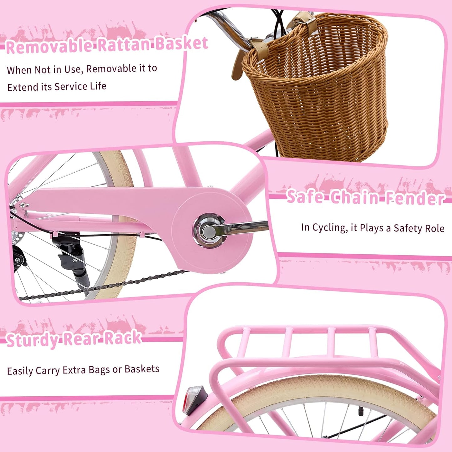 Kids Bike, Retro Cruiser Bike for Girls, 20 24 Inch 7-Speed Kids Bicycles for Ages 6-14 Girls Youth with Rattan Basket, Dual-Disc Brake Carbon Steel Frame Lightweight Bicycle, Multiple Colors