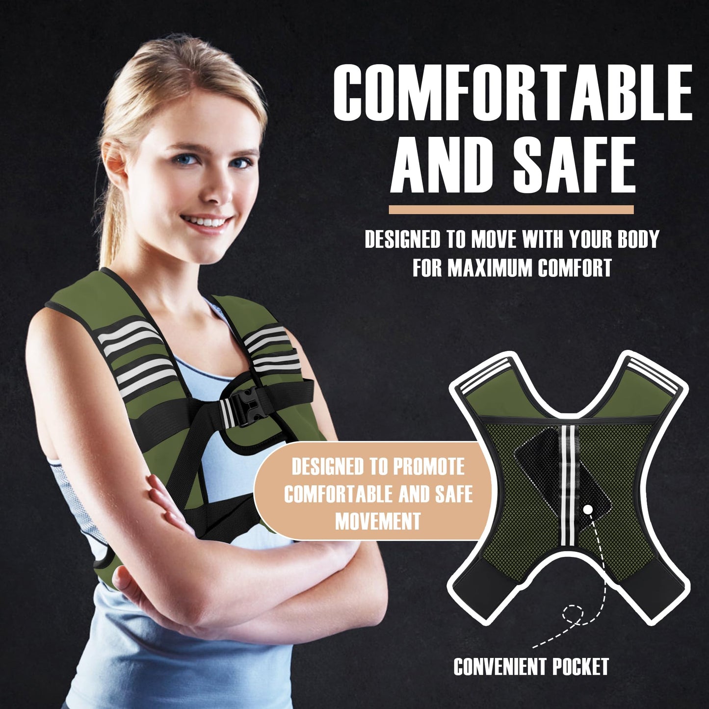 NATURELUX Weighted Vest with Reflective Stripe and Adjustable Buckle Straps, Army Green, 15 lbs