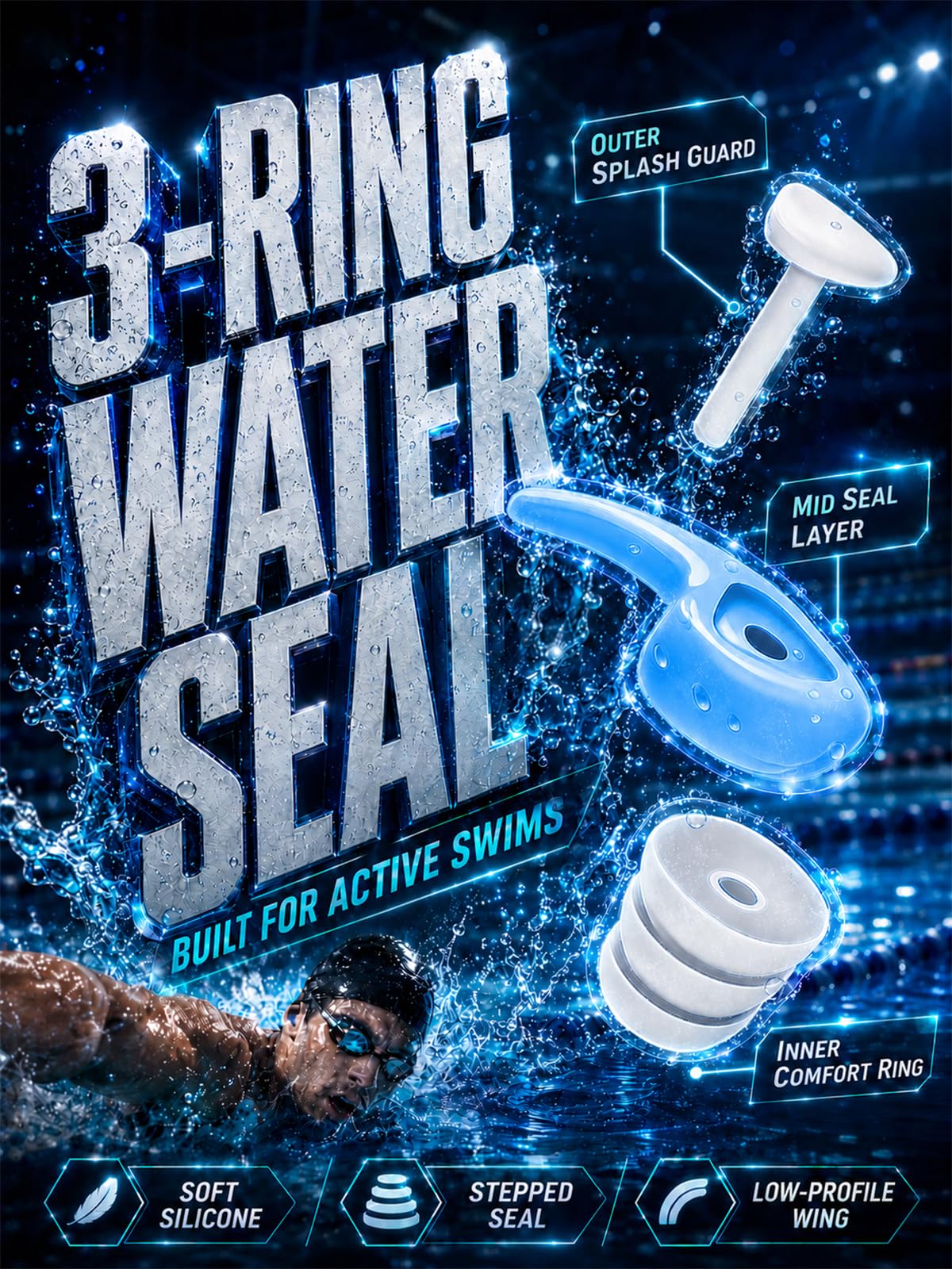 Swimming Ear Plugs, 3 Pairs Waterproof Reusable Silicone Swim Ear Plugs for Swimmers Pool Bath Showering Surfing Kayaking (Adults & Teens 14+)