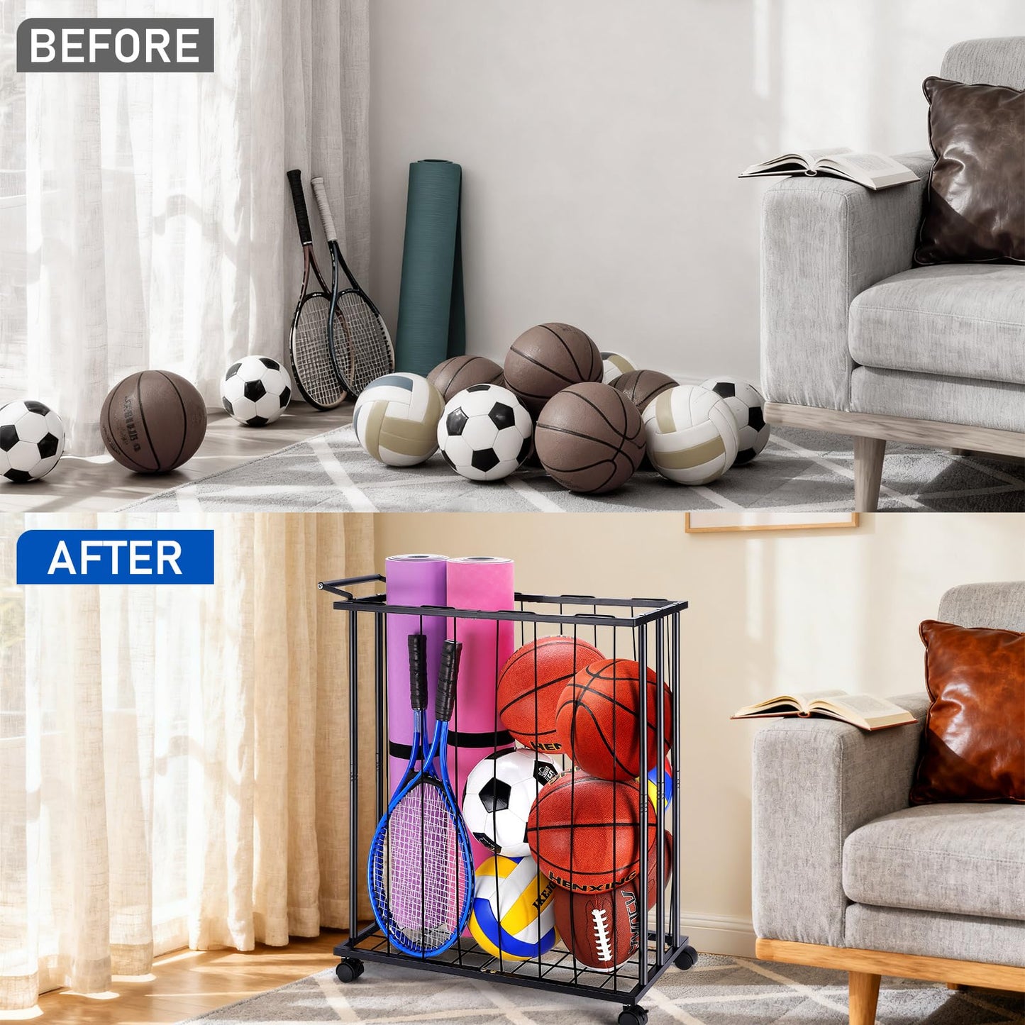 TOBWOLF Large Garage Ball Storage Rack with Wheels, Sports Equipment Organizer Rolling Ball Storage Cart, Freestanding Ball Holder with Elastic Rope for Basketball, Football, Garage, Gym