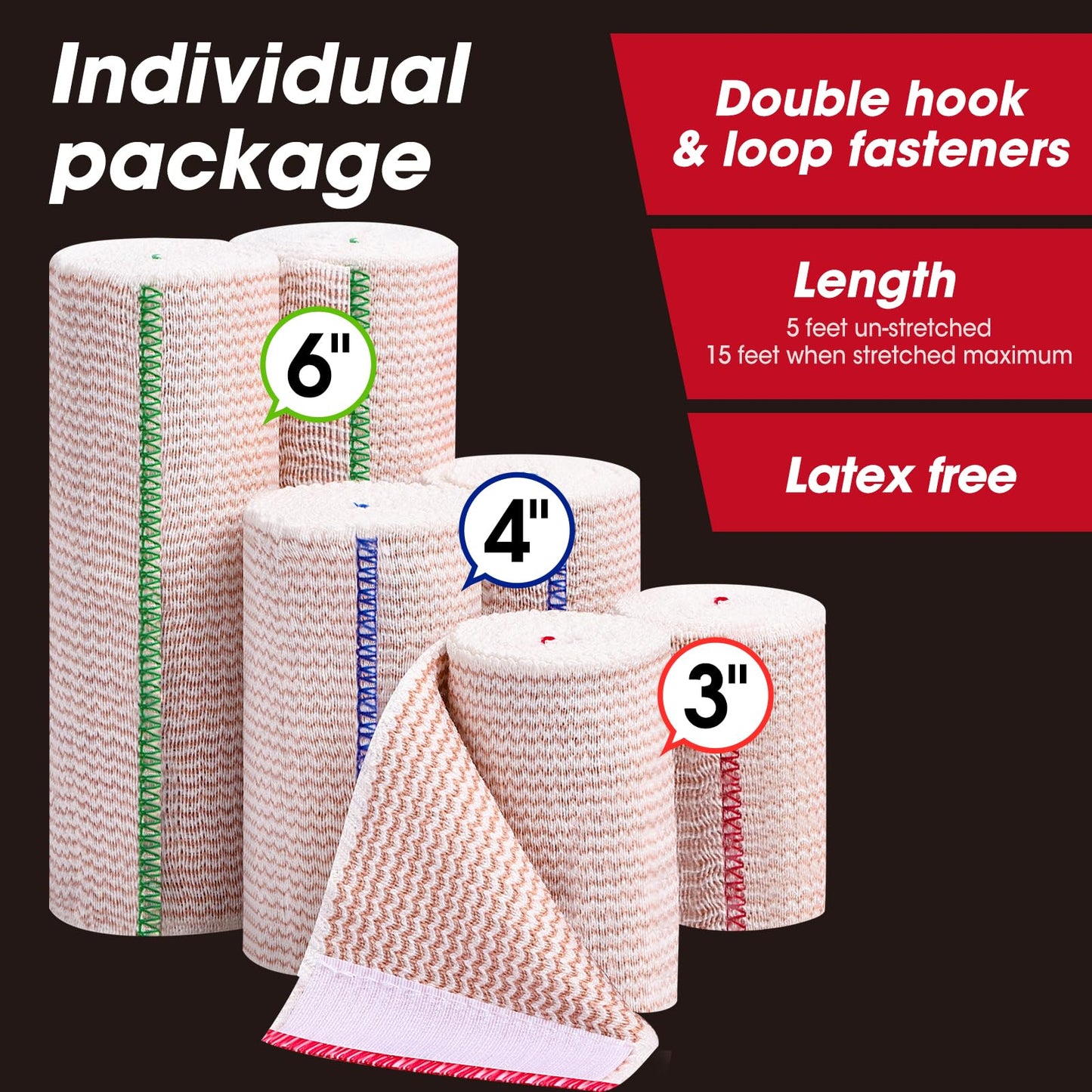 YesBes 6 Pack Premium Elastic Bandage Wrap(2x2, 2x3, 2x4), Compression Bandage Wrap, Lymphedema Wraps for Legs, Ankle, Knee, Tummy