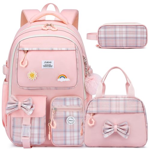Kuosdaz School Backpack for Girls, 3PCS Teens Girls Backpacks with Lunch Bag Pencil Case, Cute Kids Bookbag for Kindergarten Elementary Preschool Middle School, Pink