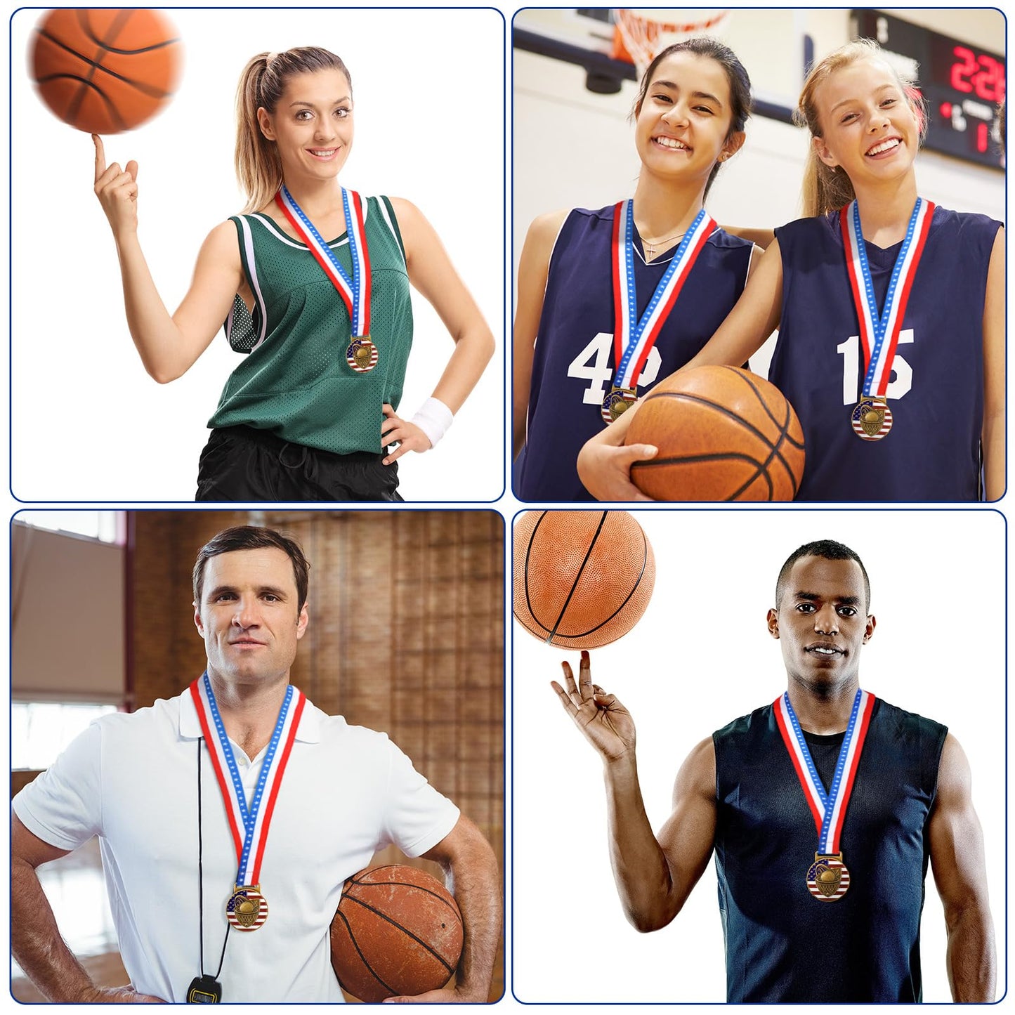 Loetere 30 Pieces Basketball Patriotic Medal Gold Medal Bulk Basketball Trophy with Neck Ribbon Spirit Medallion with Stars Stripes American Flag for Sports Trophy Participation Winner Gift