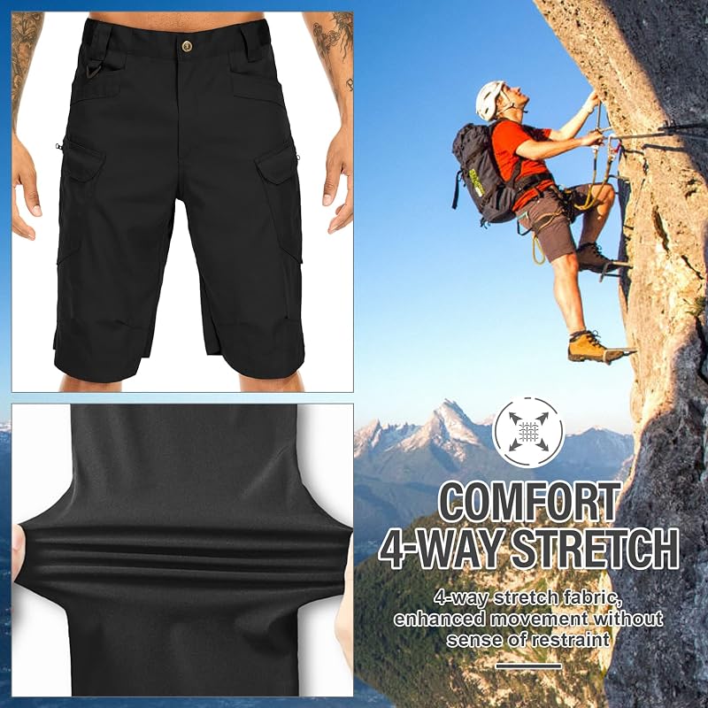Mens Work Shorts Cargo Tactical Outdoor Short - Quick Dry, 8-Pocket, Black+36