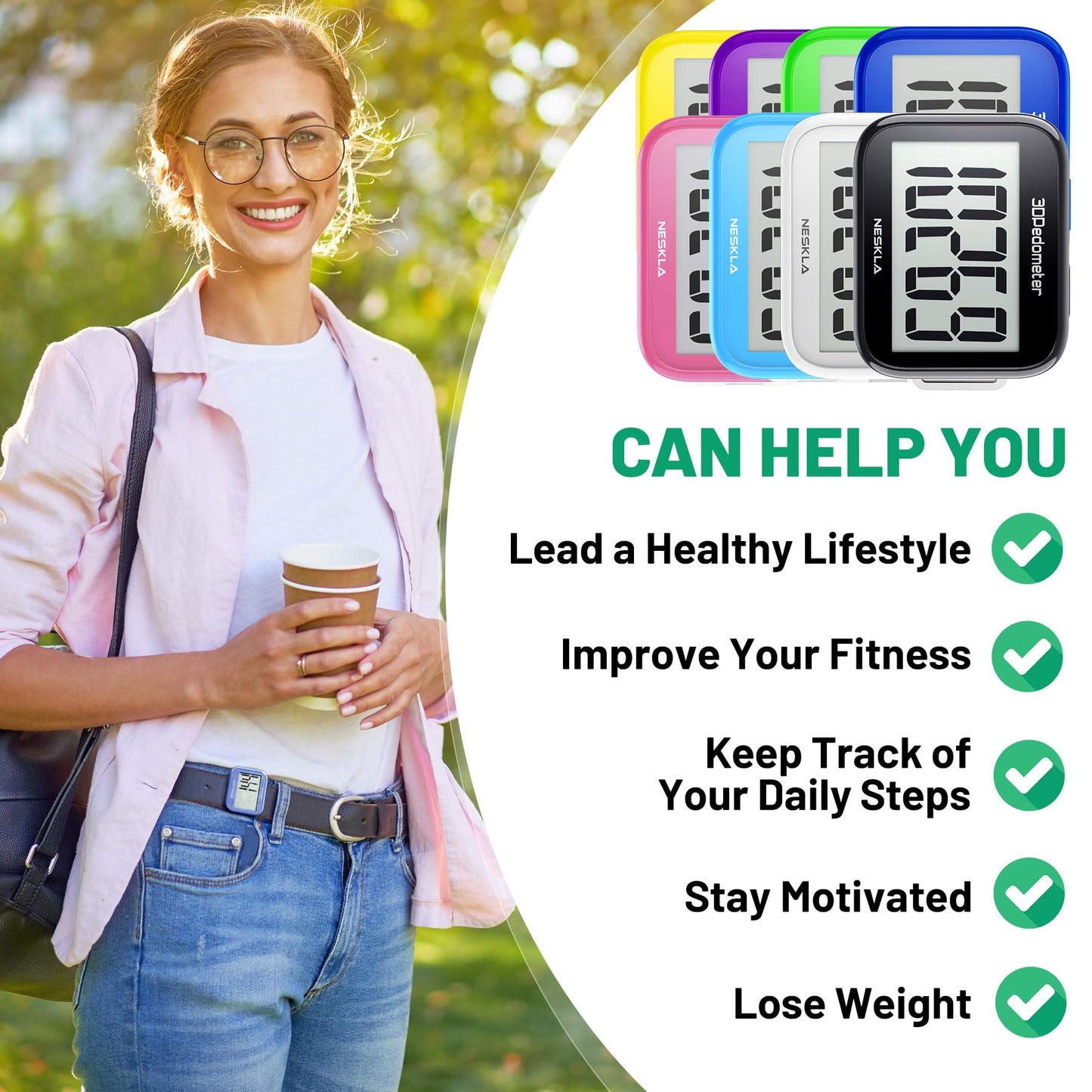 NESKLA 3D Pedometer for Walking, Simple Step Counter with Large Digital Display, Step Tracker with Removable Clip Lanyard, Accurately Track Steps for Men Women Kids Adults Seniors-Dark Blue