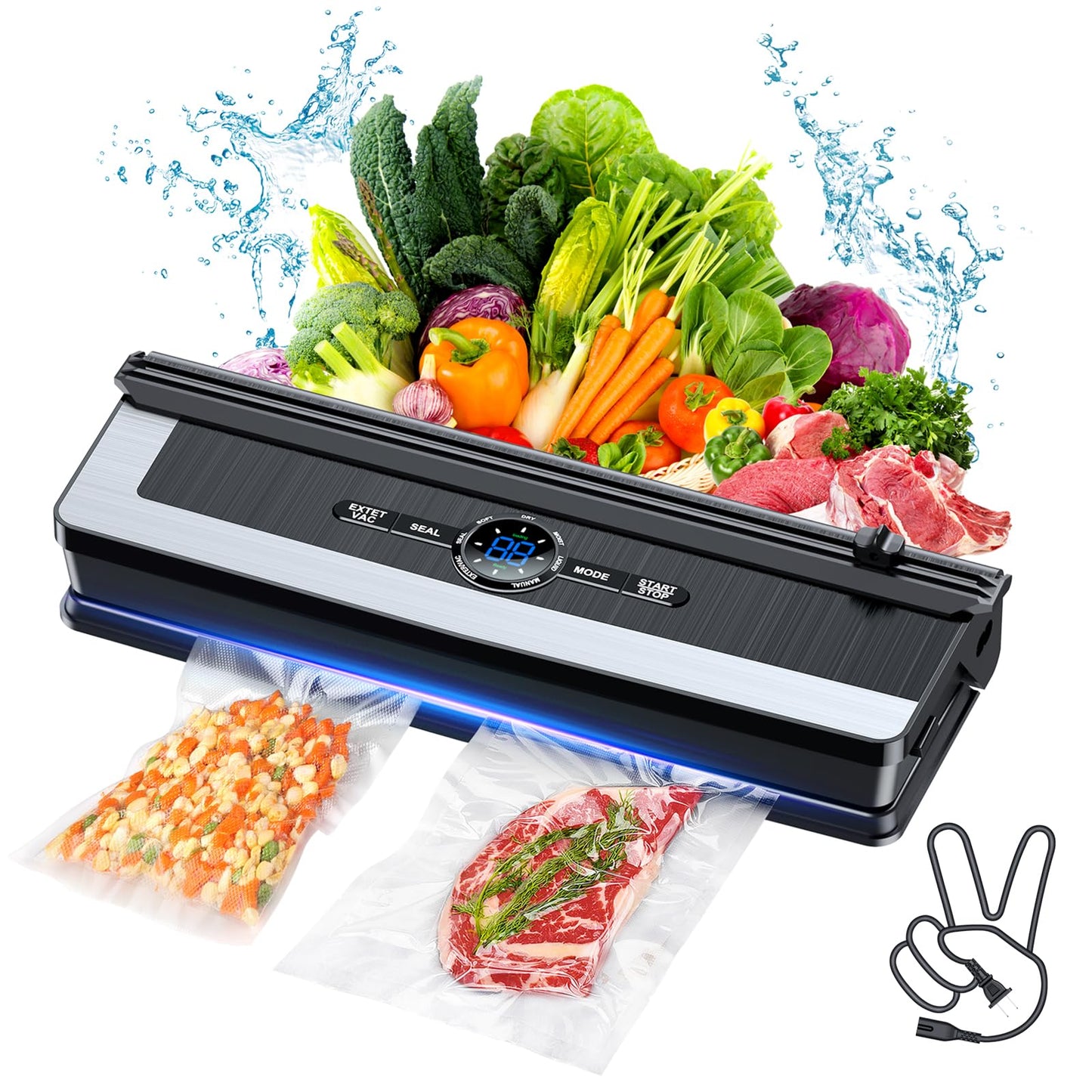 Vacuum Sealer Machine - 8 in 1 Food Vacuum Sealer Machine with Build-in Cutter Automatic Air Sealing System LED Indicator for Food Storage Dry and Moist Food Modes with 15Pcs Seal Bags Kit (Black)