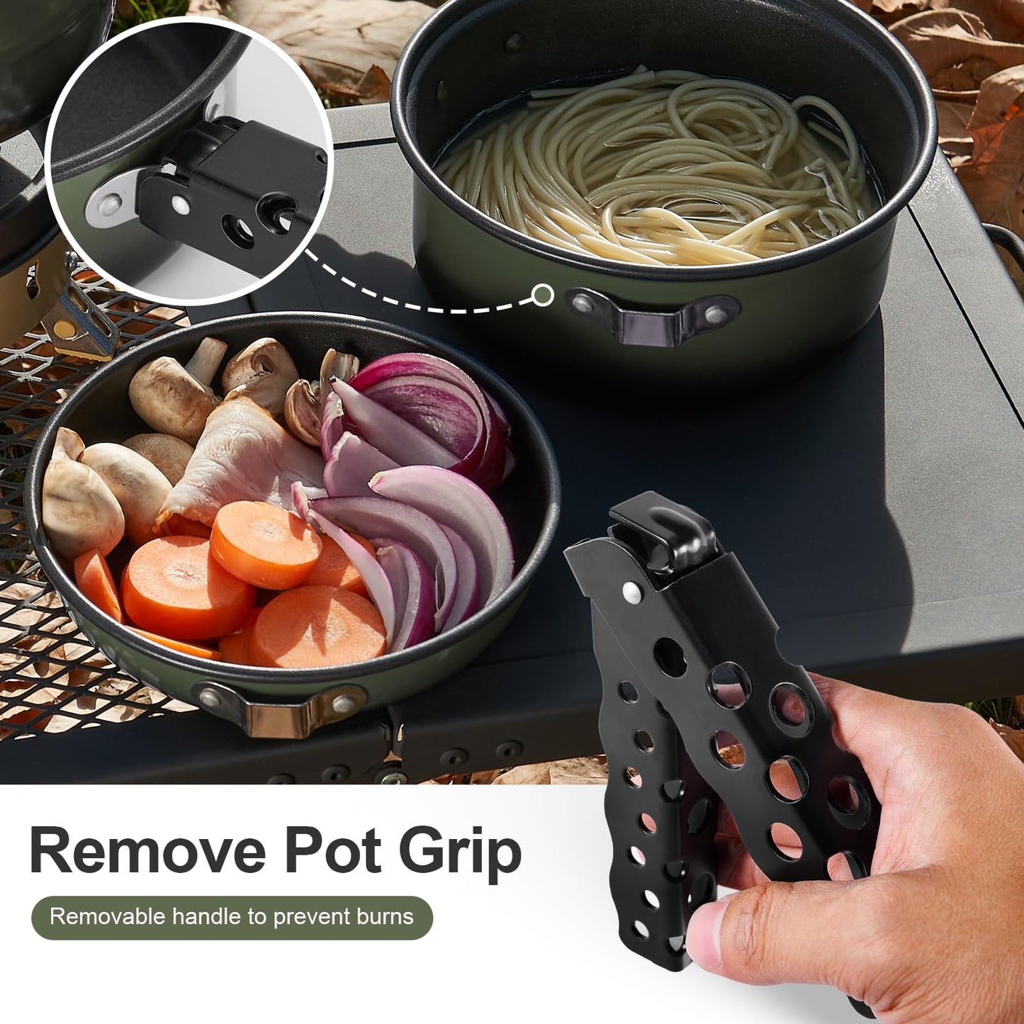 Odoland 5pcs Camping Cookware Non-Stick Camping Pot and Pan Set with Kettle and Removable Handle for Hiking Backpacking and Picnic(Green)