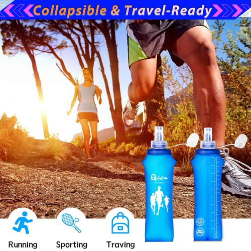 Qidoe 2 Pack Running Vest Soft Flask, 17oz/500ml BPA-Free TPU Collapsible Soft Water Bottle for Hydration Pack, Running Vest, Folding Water Bottles for Hiking Cycling Climbing