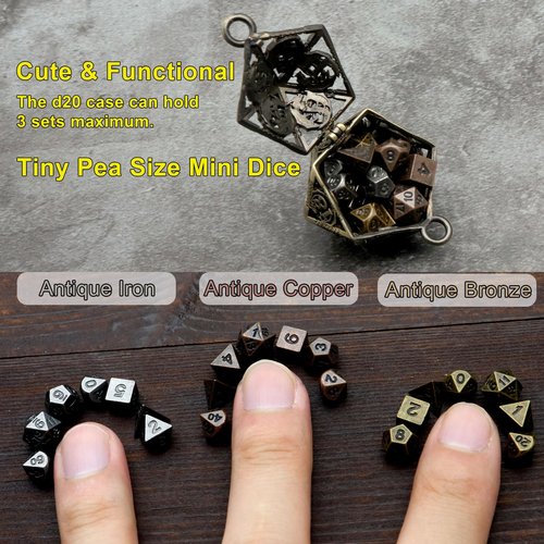 Haxtec Mini Metal DND Dice Set with Hollow Necklace Dice Case Antique Tiny Metal Dice Set D&D Keychain Portable 7PCS Dice Set
