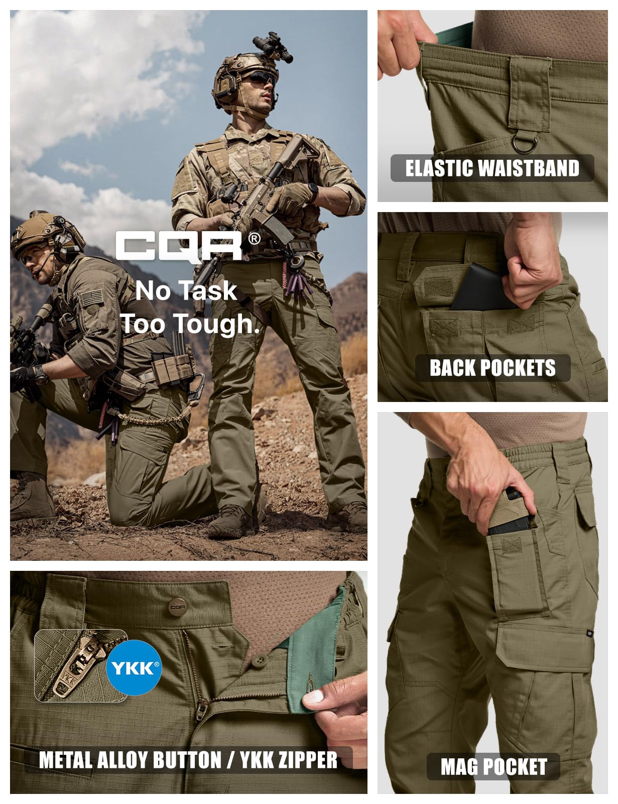 CQR Men's Tactical Pants, Water Resistant Ripstop Cargo Pants, Lightweight EDC Work Hiking Pants, Outdoor Apparel, Raider Mag Soil Green, 34W x 34L