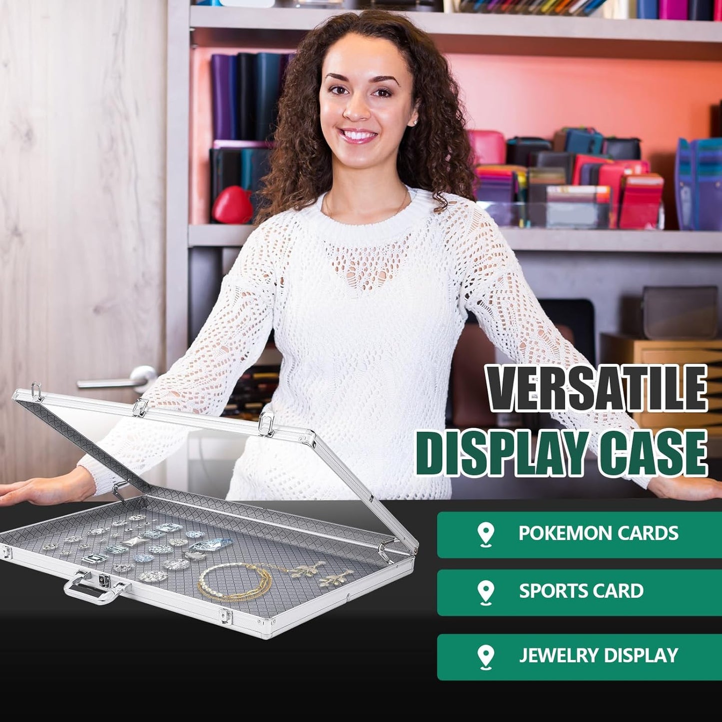 2 Pcs Aluminum Glass Display Case for Cards Trade Show Table Top Portable Sport Card Case with Clear Acrylic Showcase with Lock for Jewelry Craft Collector(32.7 x 22.1 x 3 Inch,Silver)