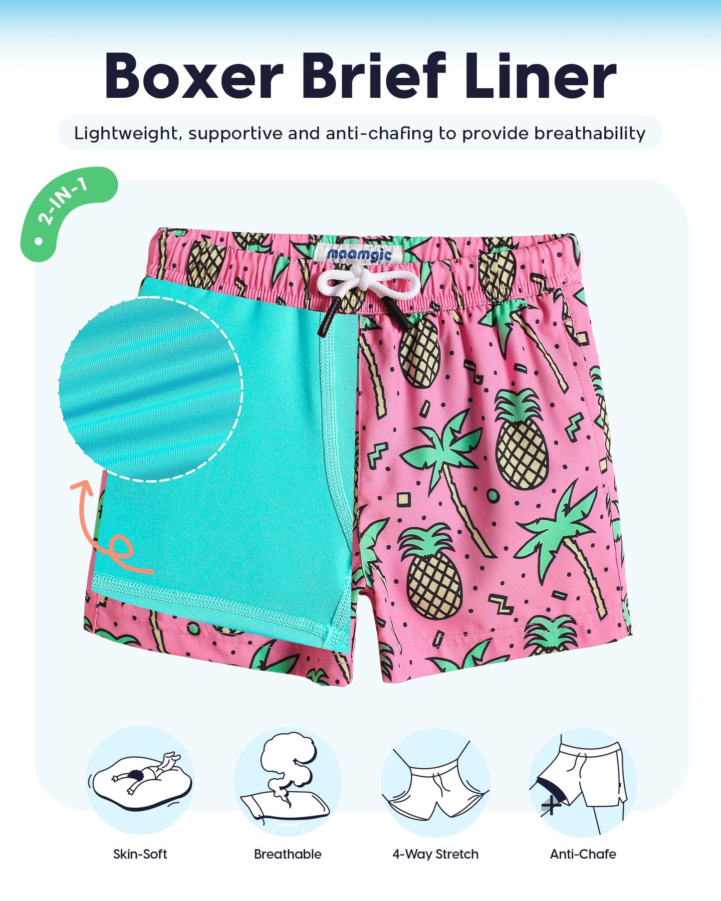 maamgic Boys Swim Trunks with Compression Liner Toddler Stretch Swim Shorts Quick Dry Swimming Trunks Boxer Brief 2 in 1 Beach Shorts Rose Coconut 8