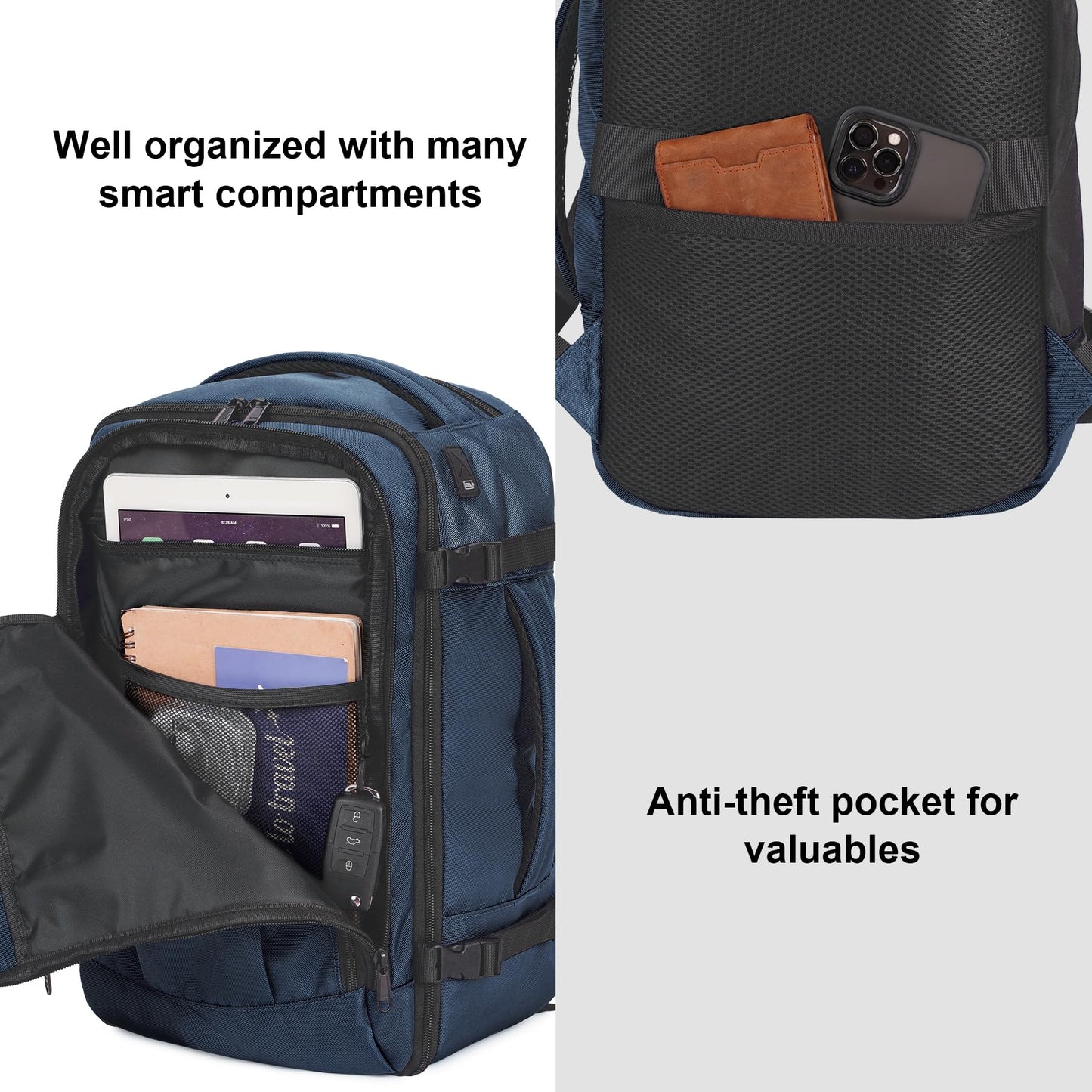 ECOHUB Travel Backpack 18x14x8 Spirit Airlines Personal Item Bag Carry On Backpack 13 Pockets Large Work Casual Daypack for men Airline Approved Waterproof Gym Backpack with Charging Port, Blue