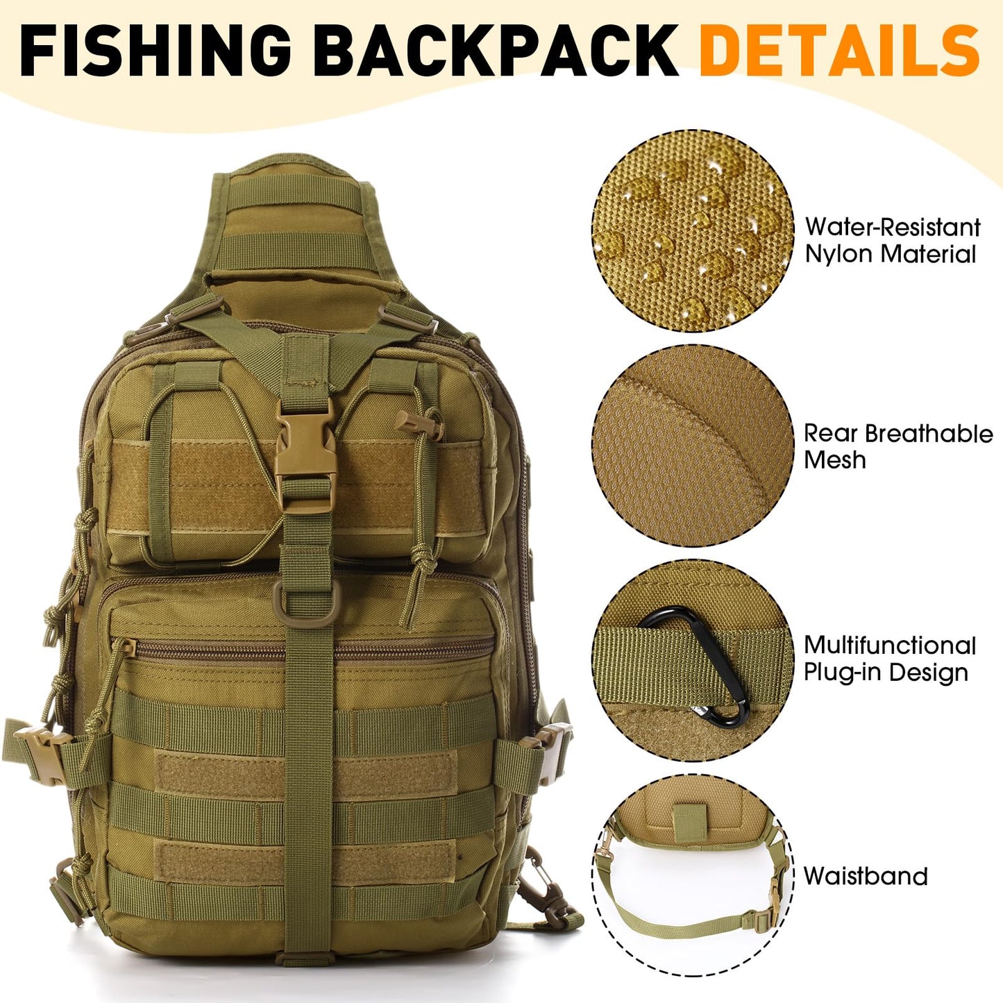 Eccliy 6 Pcs Fishing Tackle Bag Backpack with Rod Holders, Tackle Box, Fishing Pliers Kit and Fish Lip Gripper, Fish Gear and Equipment Fisherman Gift for Men Women(Khaki)