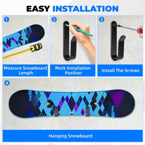 Pokuta 4pcs Snowboard Wall Mount Clips, Horizontal Snowboard Rack Wall Mount with Screws, Black Skateboard Wall Mount for Room Garage