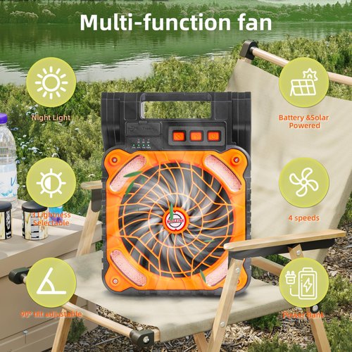 XGRTHREEH Camping Fan Rechargeable Battery Solar Fan for Outside Home with LED Lantern Solar Powered Fan Portable, Timer,4 Speeds, 90° Adjustable Solar Panel Fan 36H Run Time Max USB Charging Outdoor