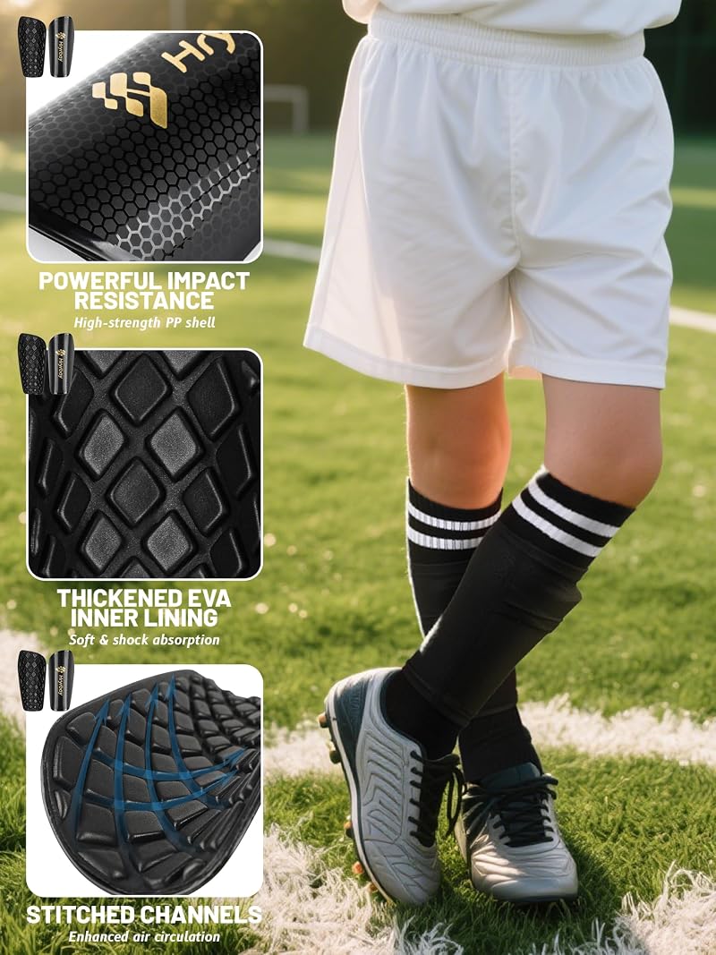 Youth Protective Soccer Shin Guards Sleeves Set, Black - 6-9 Years