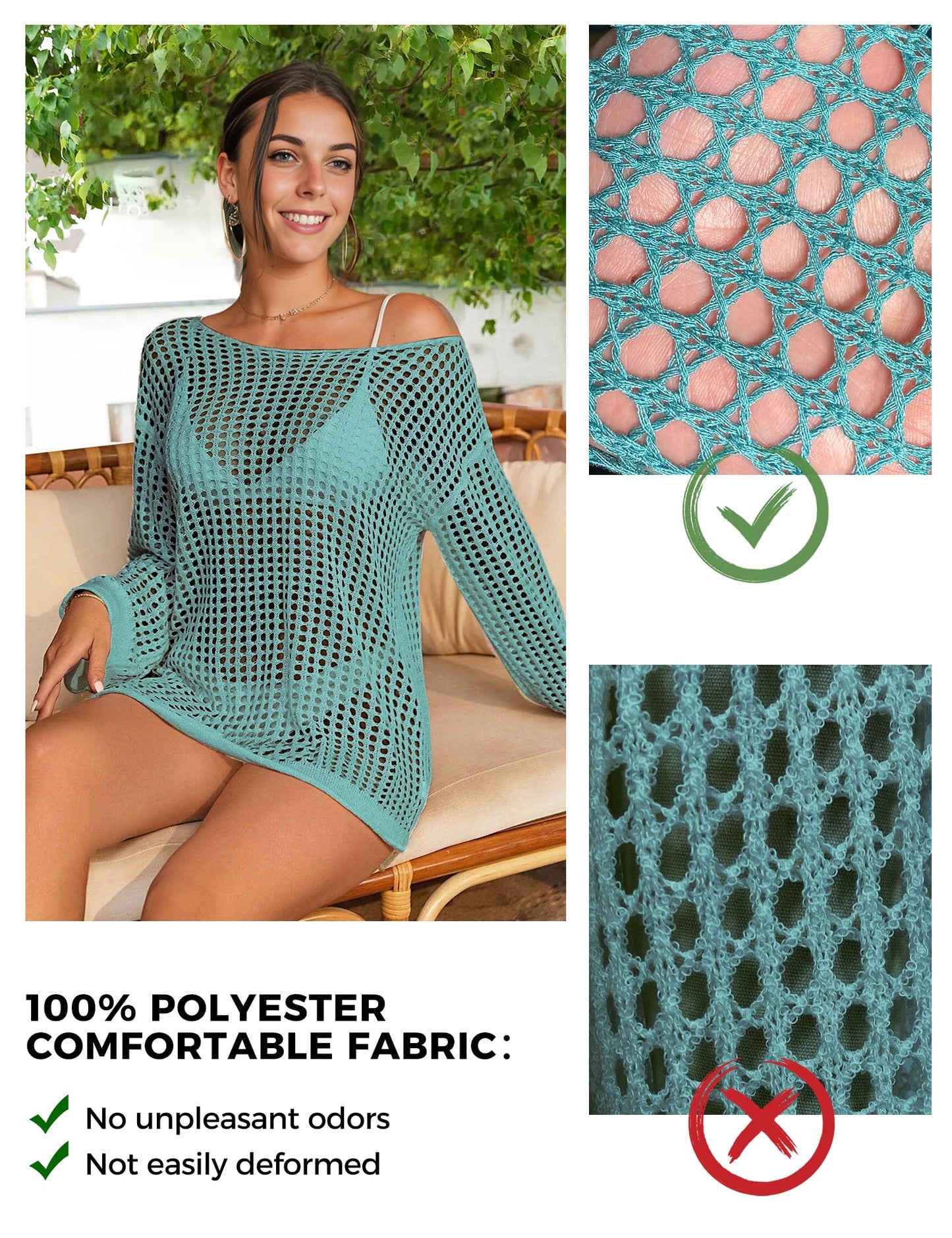 Buauty Swimsuit Cover Up for Women, Crochet Boat Neck Off Shoulder Beach Bikini Cover Up Dress, Summer Vacation, S-XL
