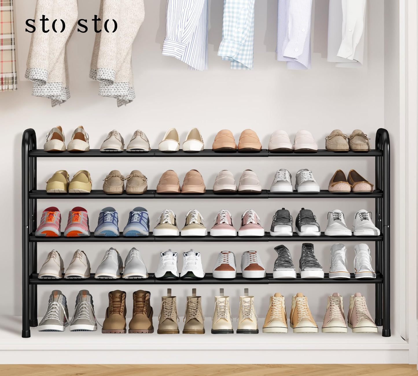 STO STO Long Expandable Shoe Rack 4-Tier, Adjustable Length 33.7”–47.5” Shoe Organizer, Metal Shoes Storage Shelf, Holds Up to 30 Pairs, Non-Slip Feet, for Closet, Entryway, Hallway, Front Door, Black