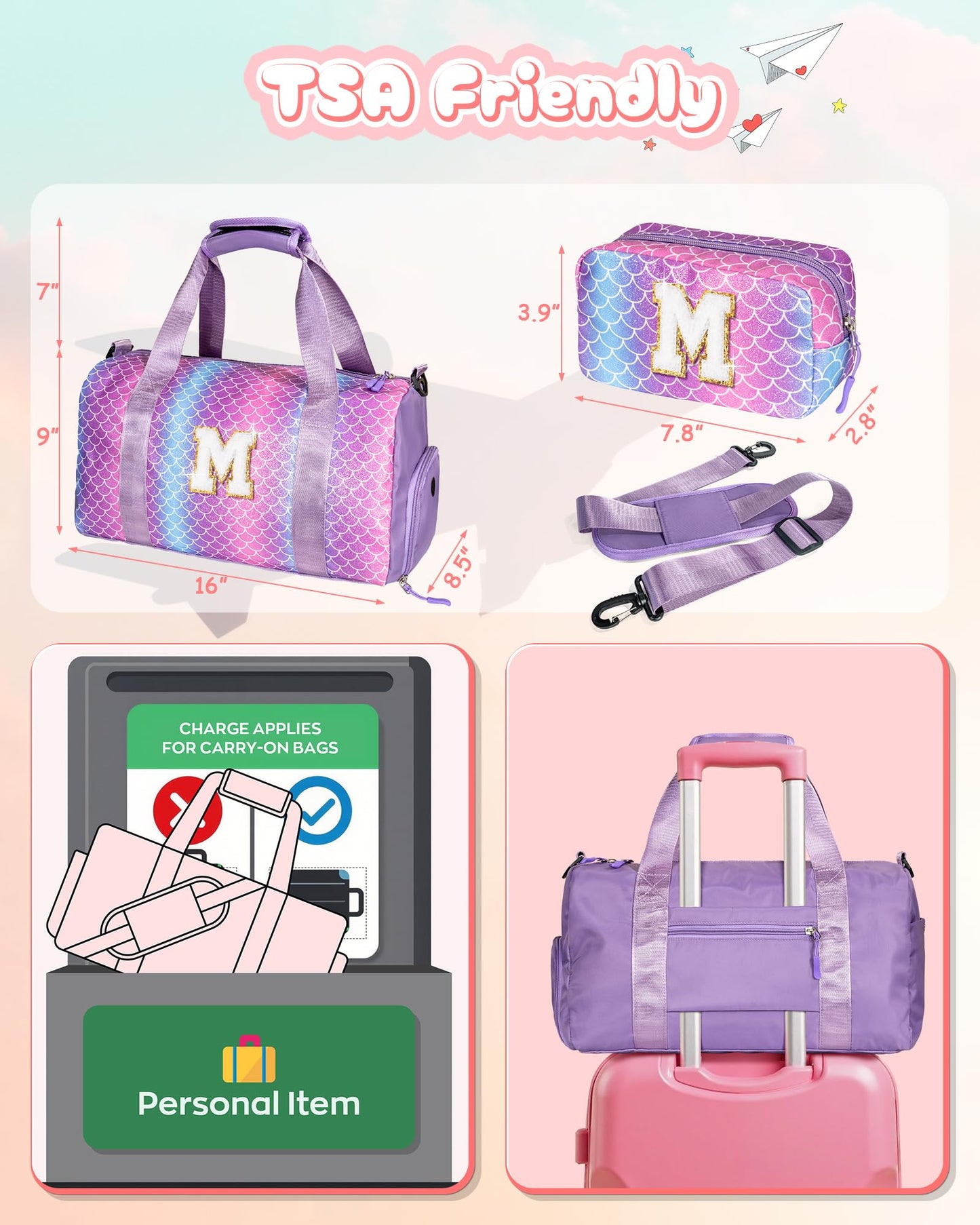 Vogewood Gifts for 3 4 5 6 7 8 9 Year Old Girls-Girl Gym Bag with Shoe Compartment, Kid Personalized Weekender Overnight Bags, Initial Travel Tote with Makeup Pouch, Easter Gift for Teen (Letter C)
