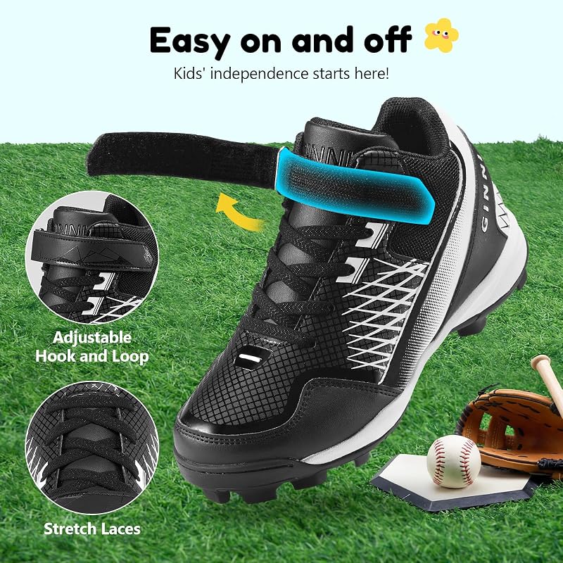Kids Baseball Cleats Mid-Top Shoes for Boys & Girls - GINNI Black+4 Big Kid