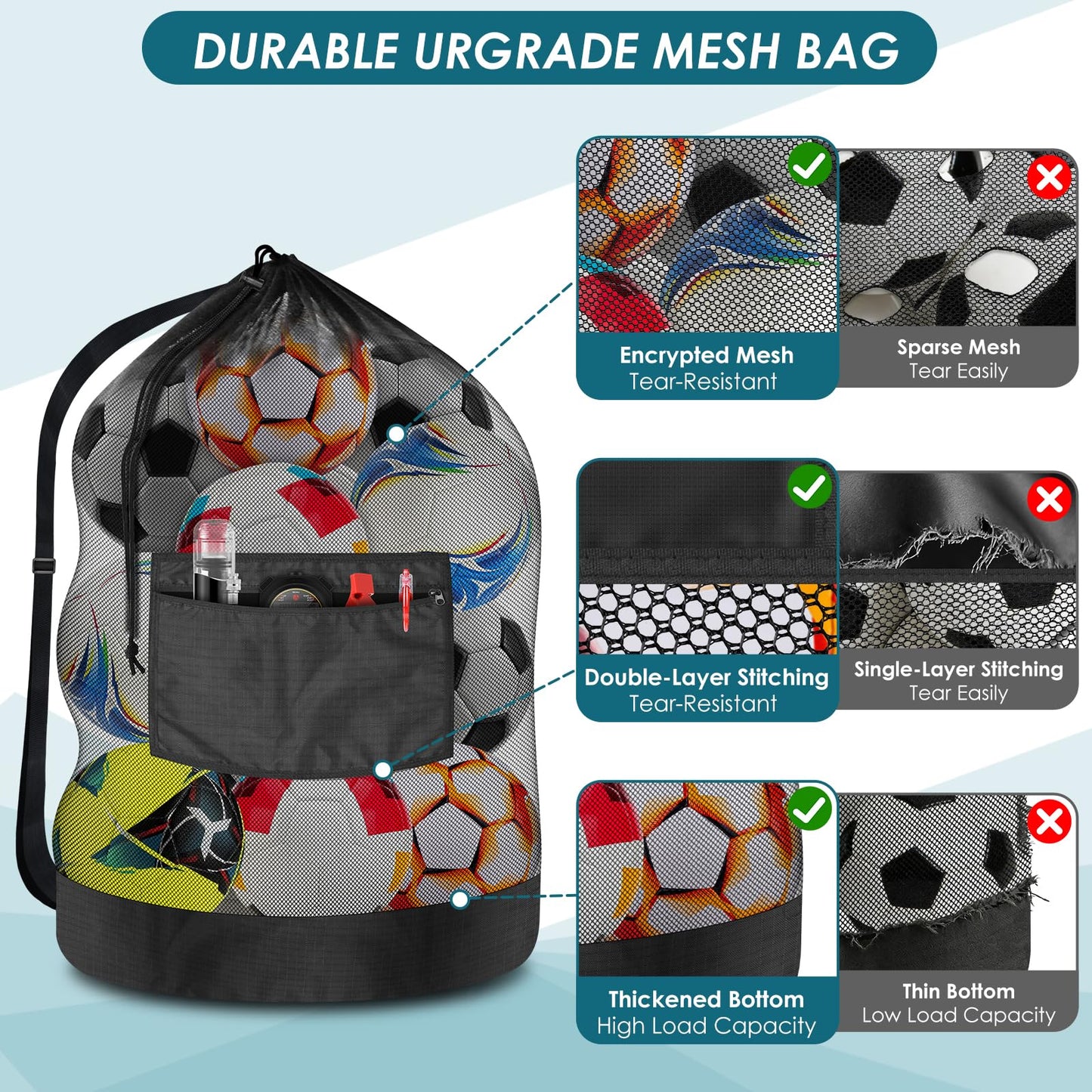 BROTOU Heavy Duty Soccer Ball Net Bag Drawstring Mesh Ball Bag with Zipper Pocket, Sports Equipment Storage Organizer Hold for Gym, Cloth, Beach, Swimming Gears (1pc-Durable Upgrade)