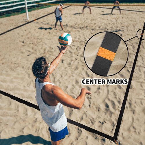 SandVoll Beach Volleyball Lines for Sand - Portable 2 inch Boundary Lines Set for Outdoor + Sand Anchors and Net Bag. Official Court Size Dimensions (26.3' x 52.6')