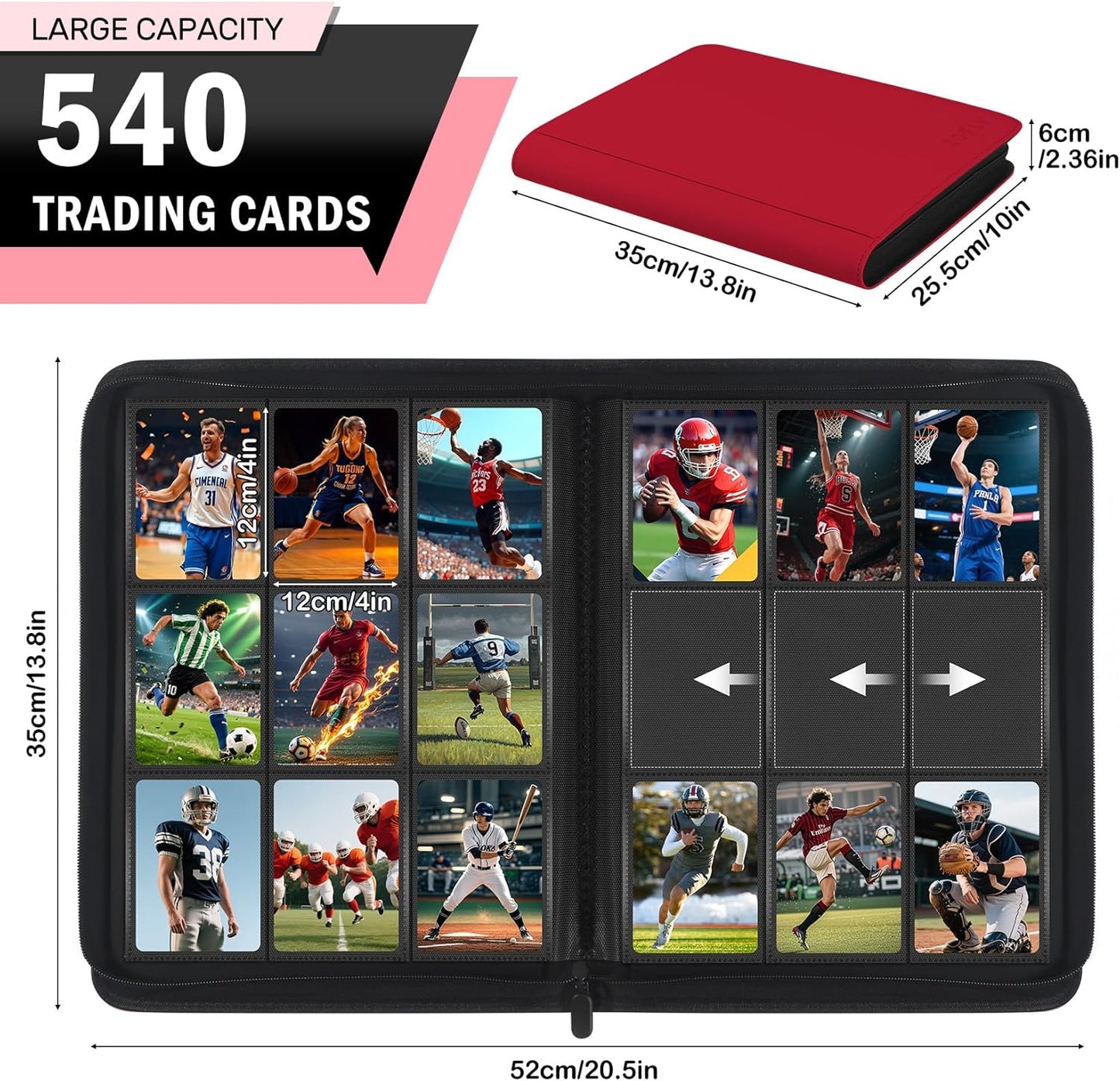 12 Pocket Card Binder, Zipper Trading Card Binder, 720 Large Capacity Side Loading Non-Ring Card Album, Double Sided Acid-Free Card Protector Binder, Card Collection for TCG, MTG, Sport Card, Pink