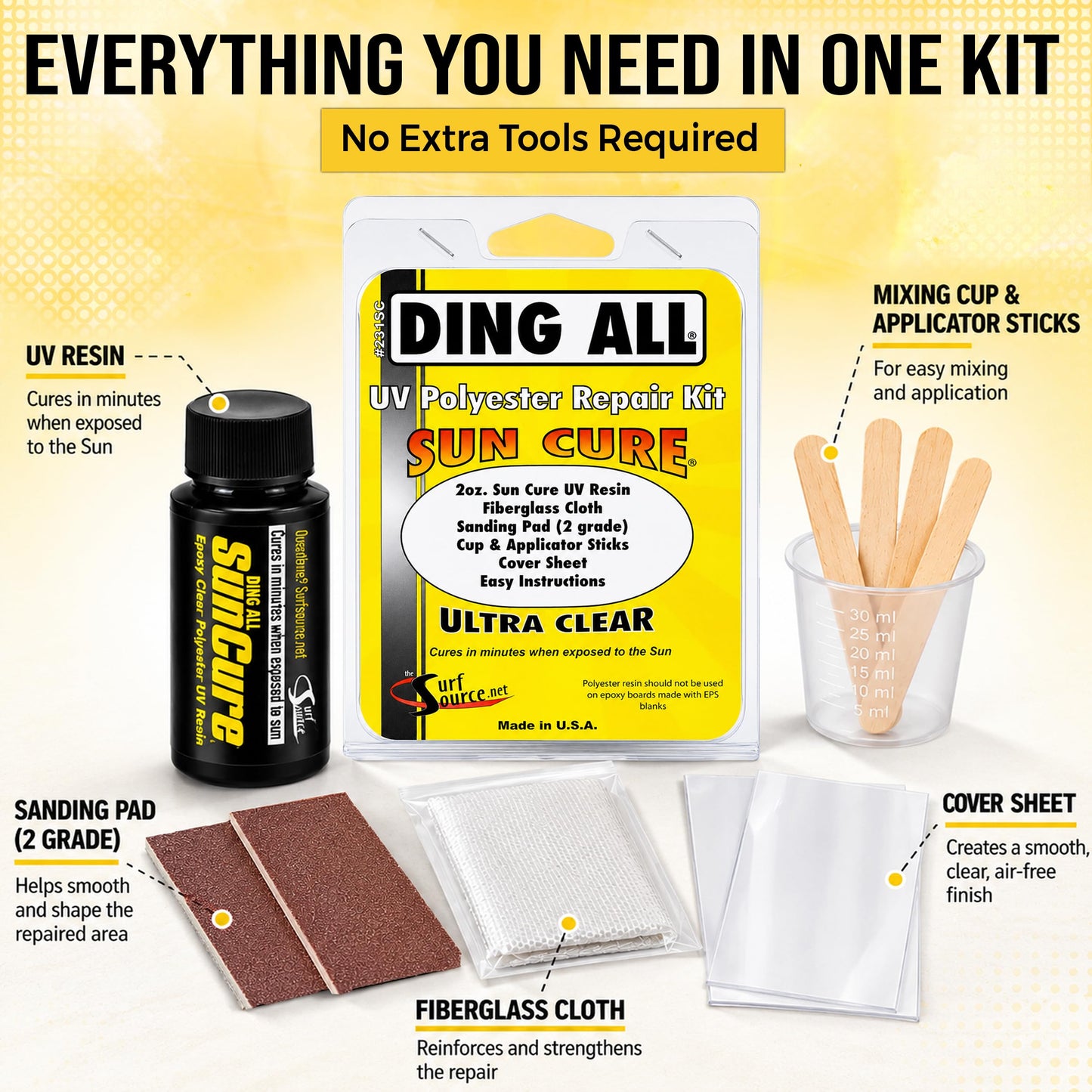 Ding All Sun Cure Surfboard Fiberglass Resin Repair Kit for Surfboard Wax