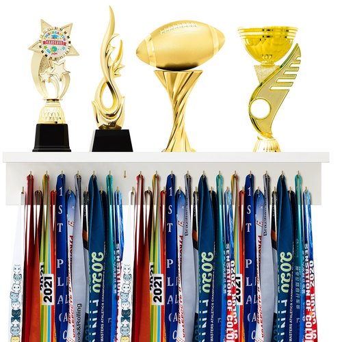 Threehoney Wooden Medal Holder Display Trophy Hanger Shelf with 25/37/49 Hooks for Wall Mount Ribbon Holder Gift for Gymnastics Running Soccer Awards(24 x 4 x 4 Inch,White Shelf Golden Hooks)