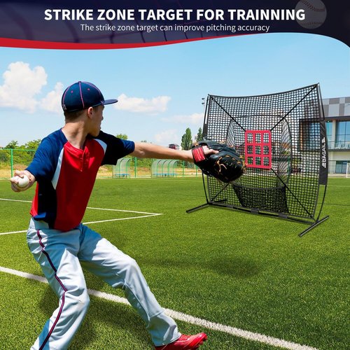 BAGAIL 7x7 ft Baseball & Softball Practice Net with Bow Frame for Batting, Hitting, Pitching, Portable Throwing Net with Strike Zone, Carry Bag, Softball Training Aid for All Levels