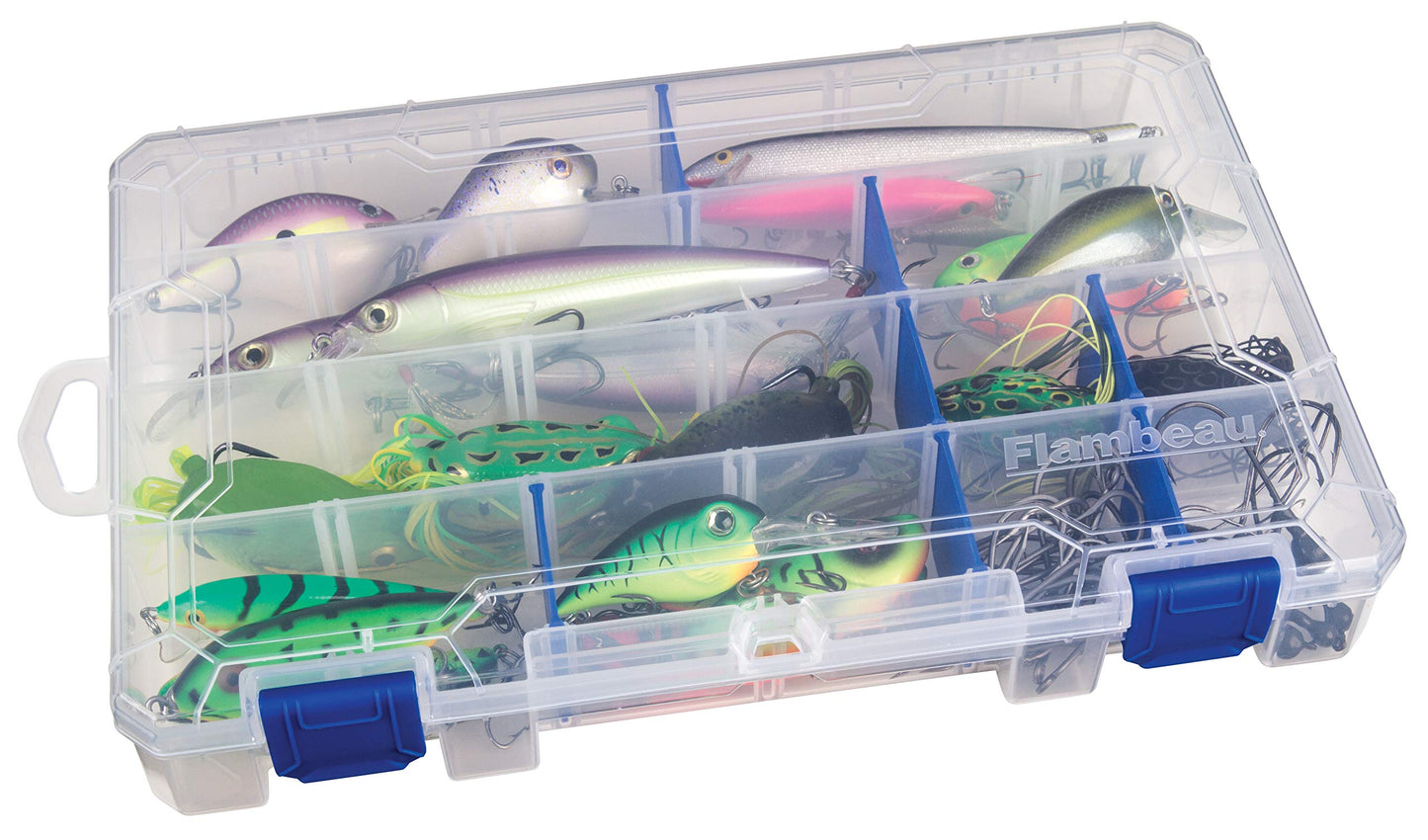 Flambeau Outdoors 4007 Tuff Tainer Fishing Tackle Box with Zerust Anti-Rust Dividers - Includes 12 Dividers, 24 Compartments, Clear Fishing Lure Organizer - 11" x 7.25" x 1.75"