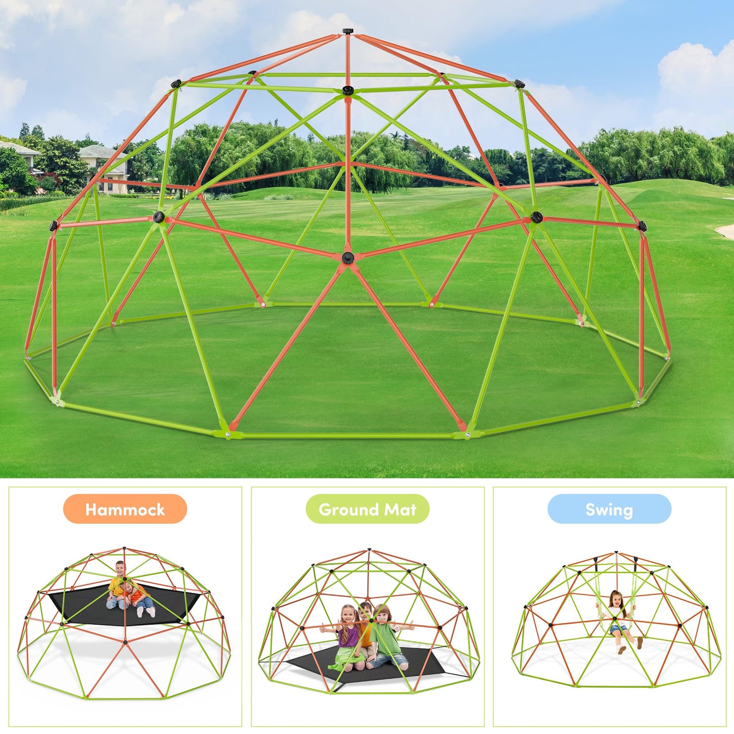 Jungle Gym 10FT X 10FT Climbing Dome with Swing & Hammock Outdoor Playset Support Up to 1000LBS Anti-Rust, Easy Assembly Gift for Boys and Girls